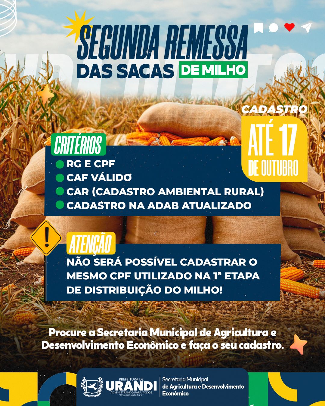 Urandi abre cadastro para segunda etapa de distribuição de milho