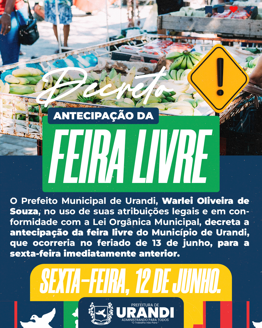 Feira Livre de Urandi será antecipada para sexta-feira devido ao feriado de Santo Antônio