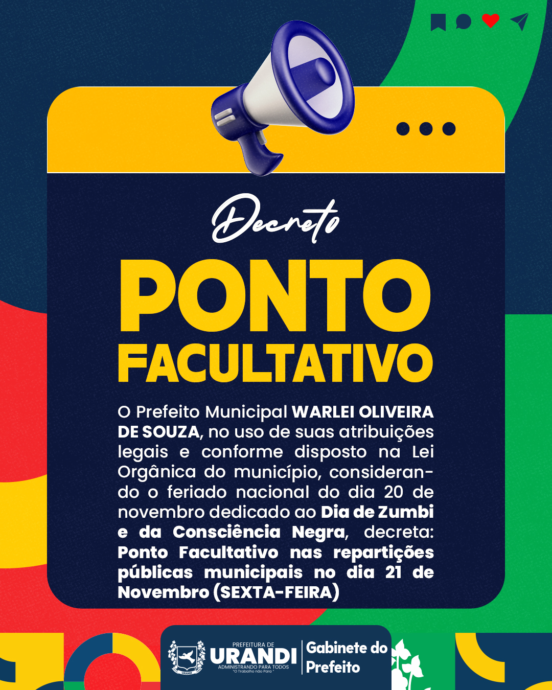 Ponto Facultativo nesta sexta-feira (21) é decretado pela Prefeitura de Urandi