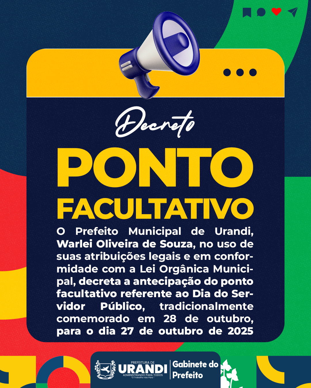 Ponto facultativo do Dia do Servidor Público é antecipado para 27 de outubro em Urandi